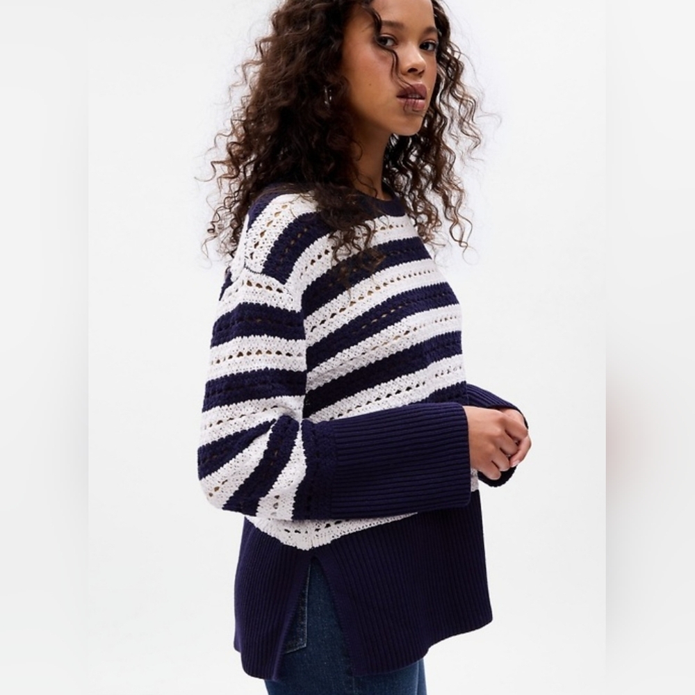 GAP Navy/White Nautical Stripe Split Hem Cotton Crochet Sweater Sz L